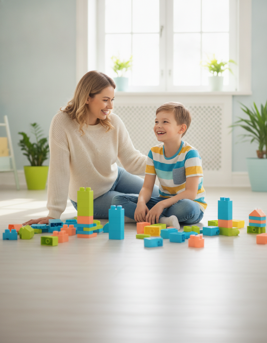 Caring mother attentively watching her 12-year-old child play with colorful building blocks