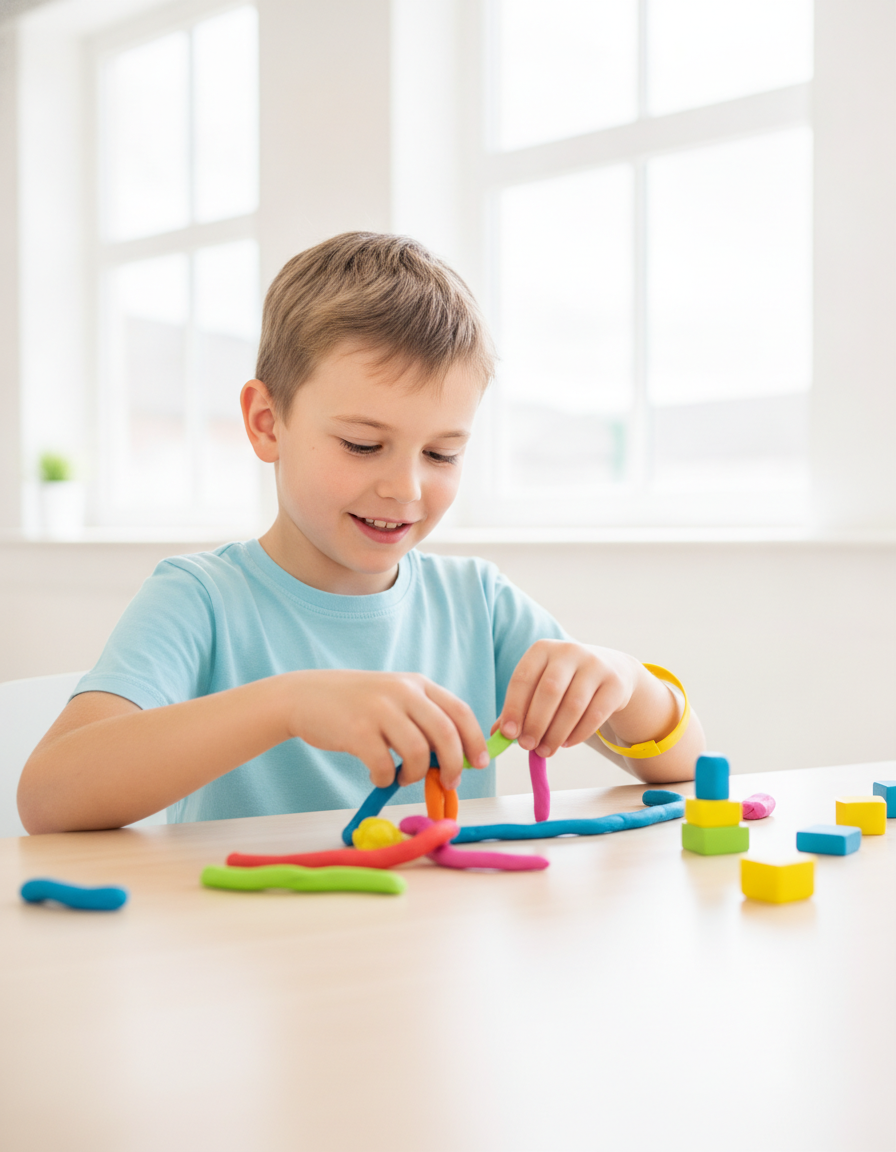A focused child strengthening hand coordination with colorful modeling clay and manipulative blocks