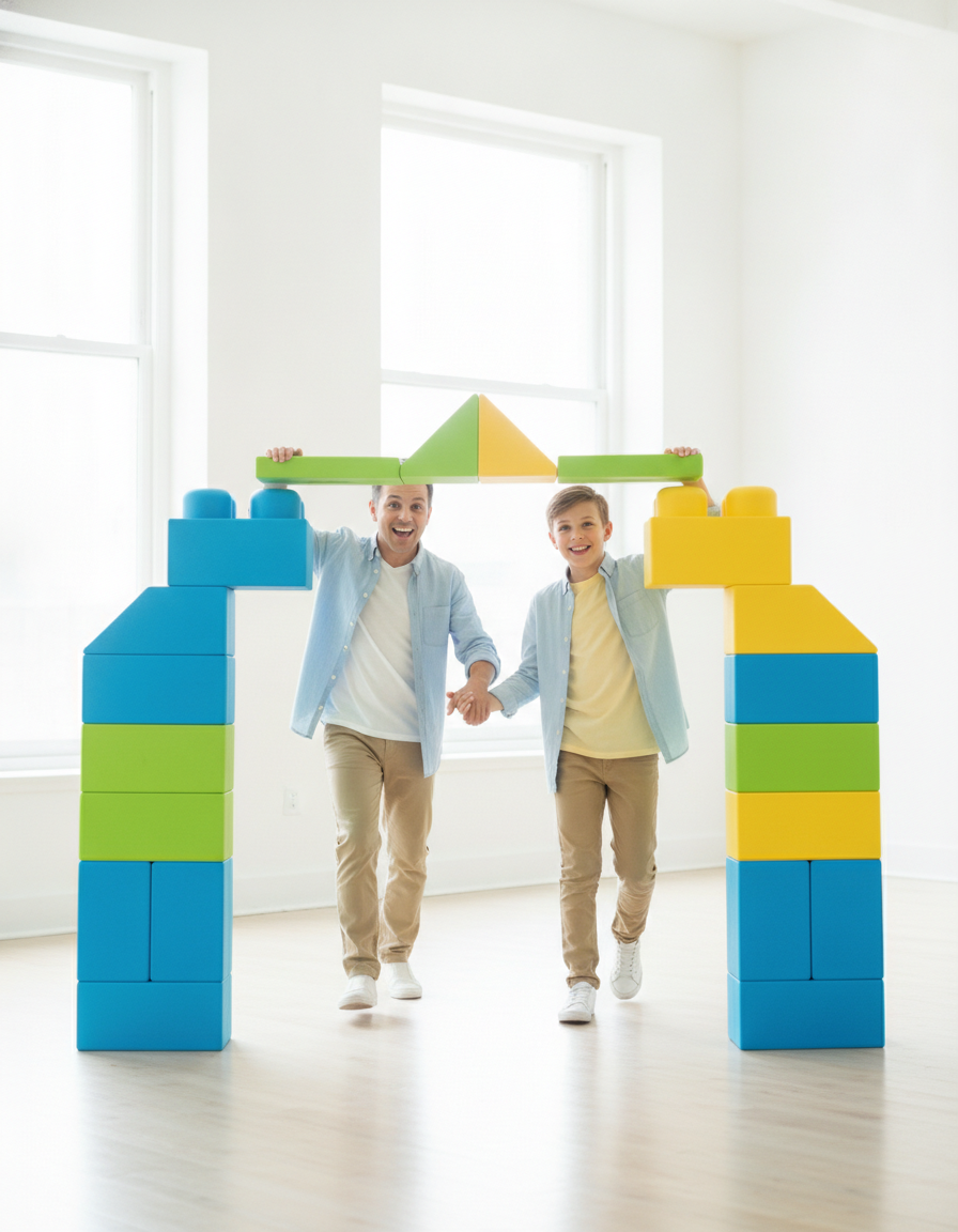 A parent and child taking a small step together on a colorful hands-on learning activity