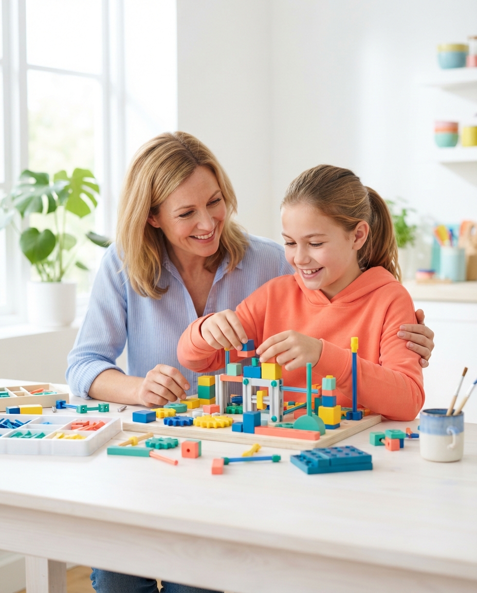Parent and child working patiently together at a sunny kitchen table