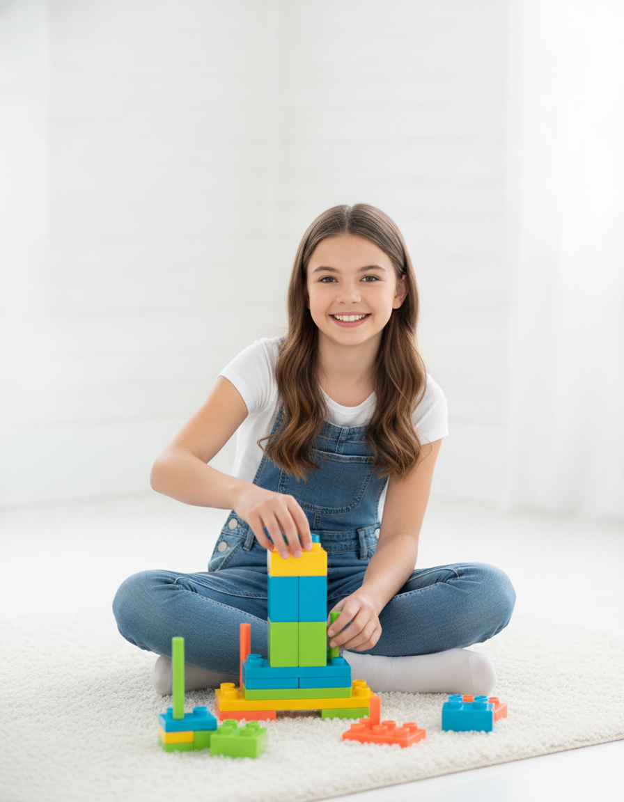 Confident child stacking colorful learning blocks, relaxed and proud