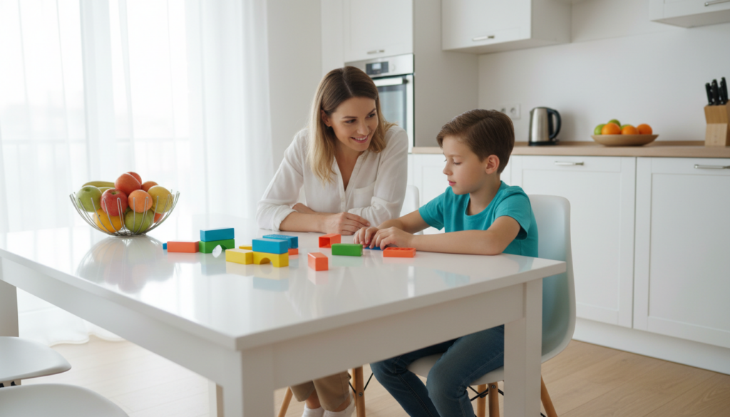 A hopeful mother sitting with her attentive 12-year-old at a bright kitchen table, working together