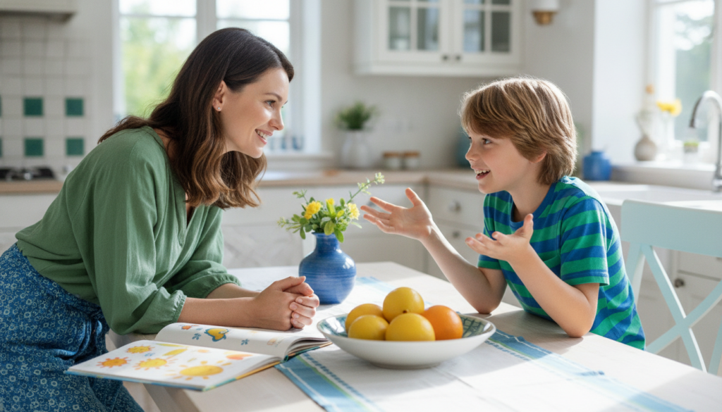 Mother listening proudly as her child explains an idea at a sunny kitchen table