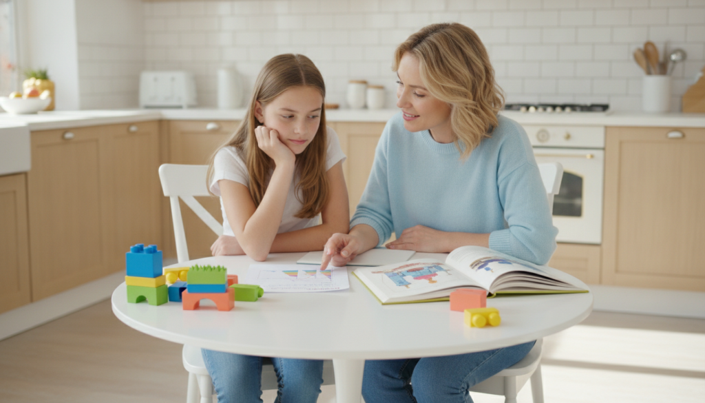 A mother reassures her thoughtful 12-year-old daughter beside a school worksheet and an open storybook at a bright kitchen table