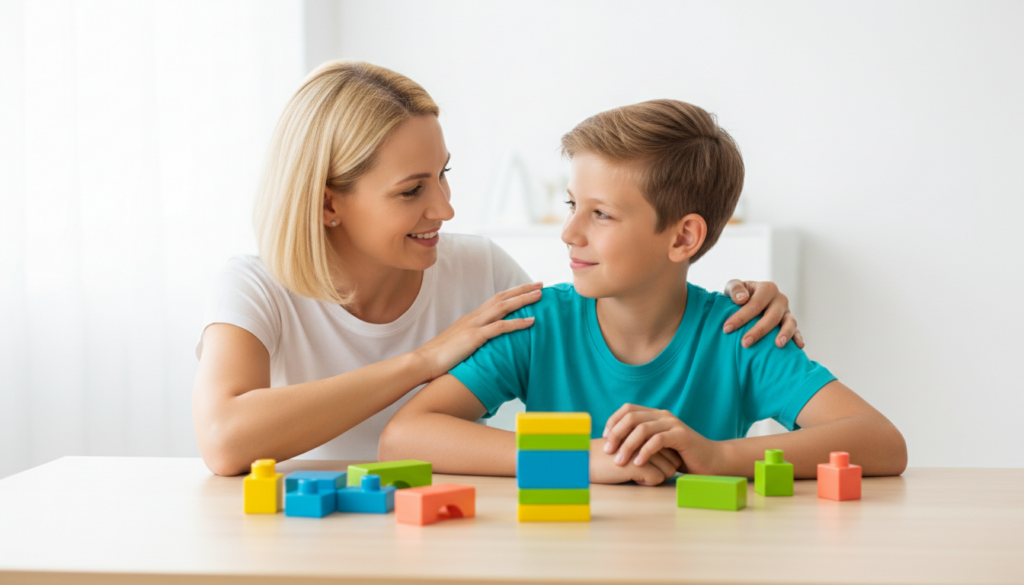 A mother sits close beside her twelve-year-old son at a bright table, her hand on his shoulder, both smiling with encouragement.
