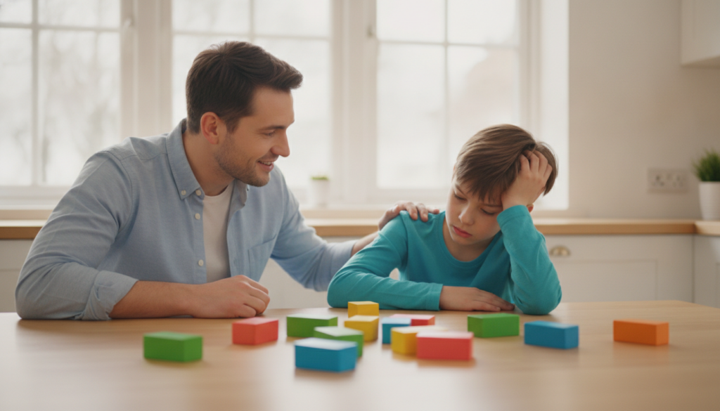 A parent leaning in warmly beside their discouraged 12-year-old at a bright kitchen table