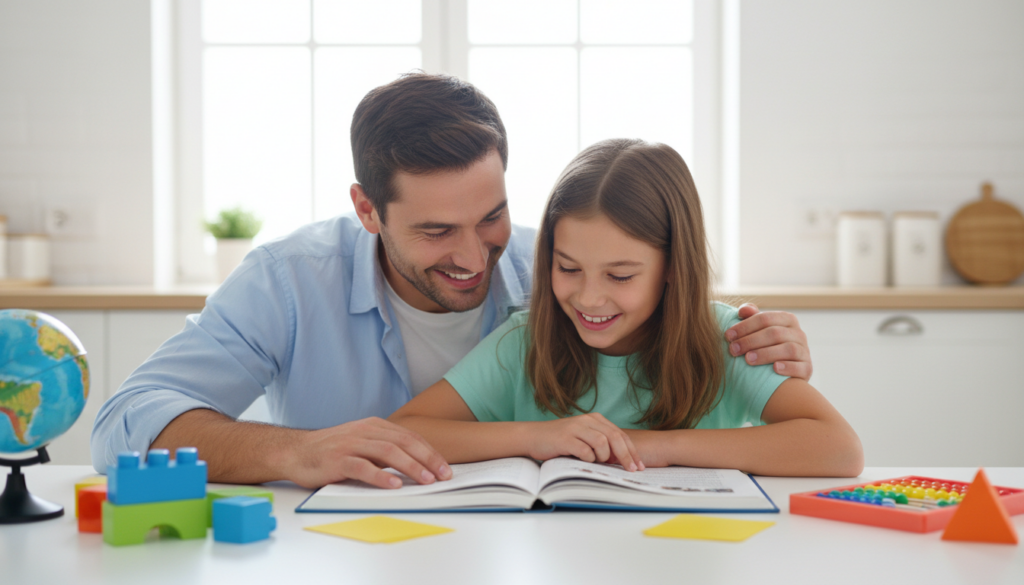 A parent and their twelve year old child reading a storybook together at a bright kitchen table