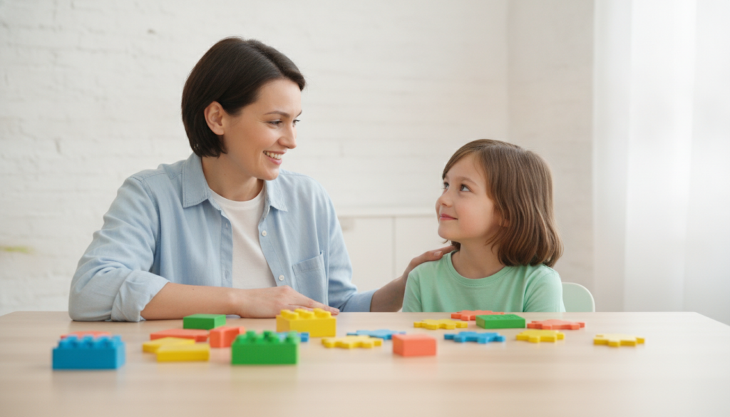 A parent sitting beside their child at a bright kitchen table, offering warm and hopeful support
