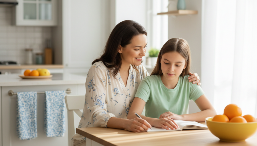 A mother sitting close beside her daughter at a bright kitchen table, leaning in with an encouraging smile