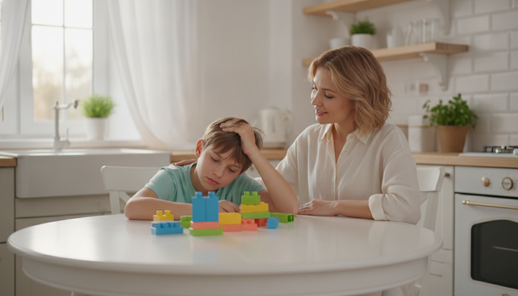 A tired child slumps at the kitchen table beside a calm, patient parent during evening homework