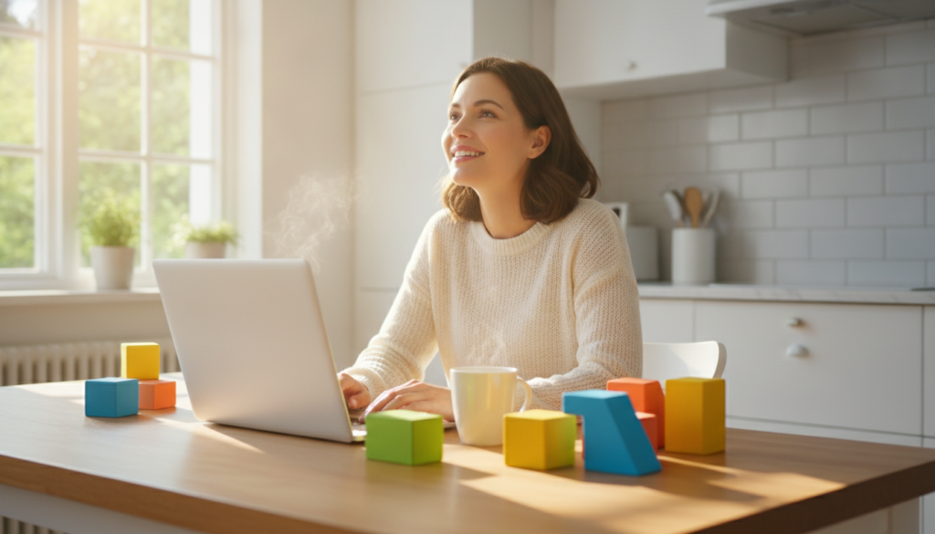A hopeful parent at a bright kitchen table with a laptop and colorful learning blocks
