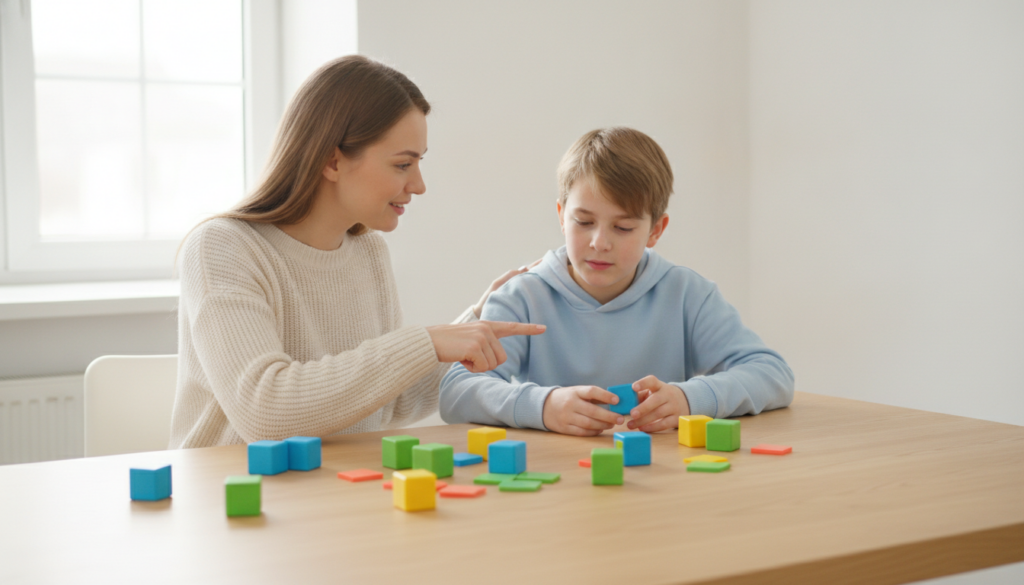 A reassuring mother sitting close beside her calm 12-year-old child at a bright kitchen table, gently encouraging them with colorful learning cubes nearby