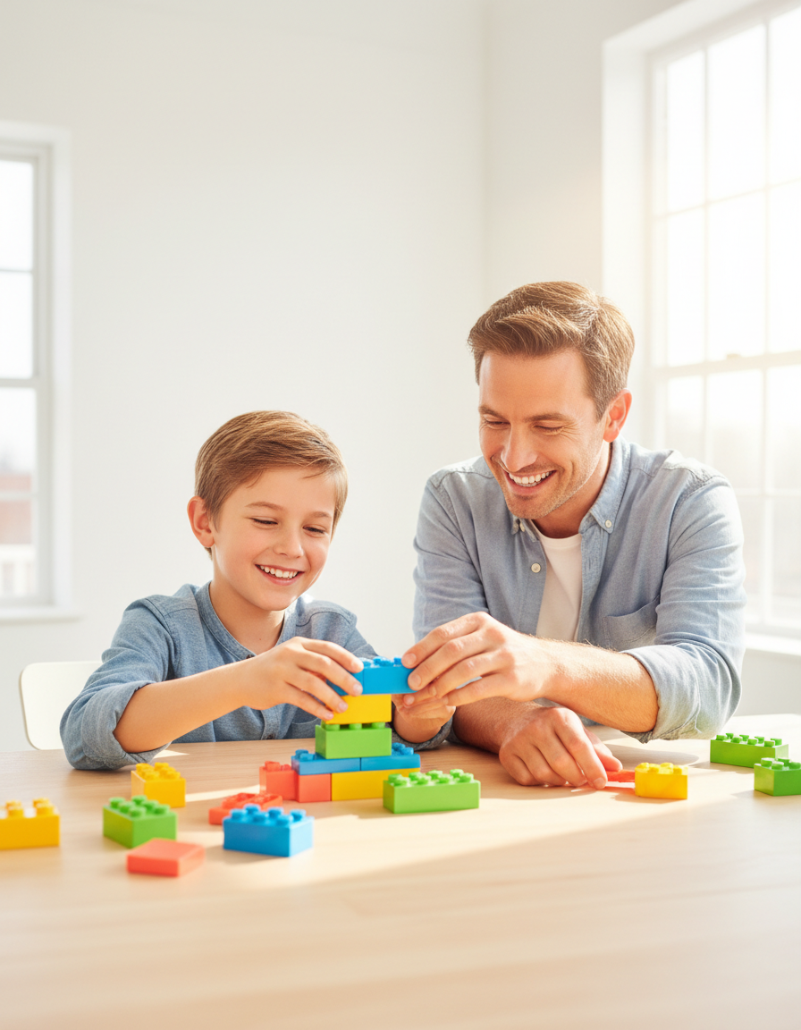 A parent and their twelve-year-old child work together on a colorful hands-on learning activity at a bright table.