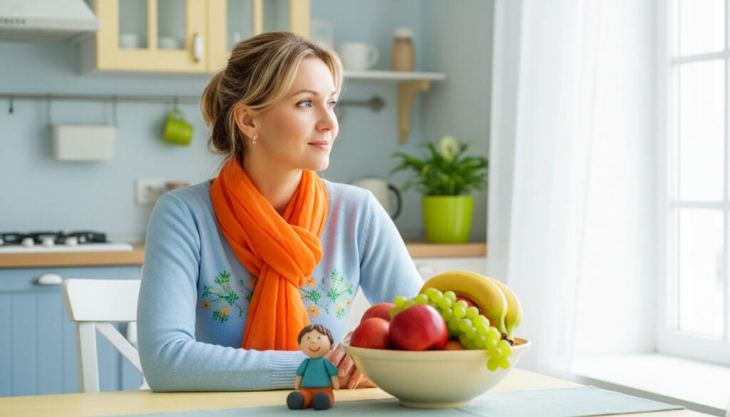 A hopeful, thoughtful mother sitting at a bright kitchen table, looking gently optimistic in warm daylight
