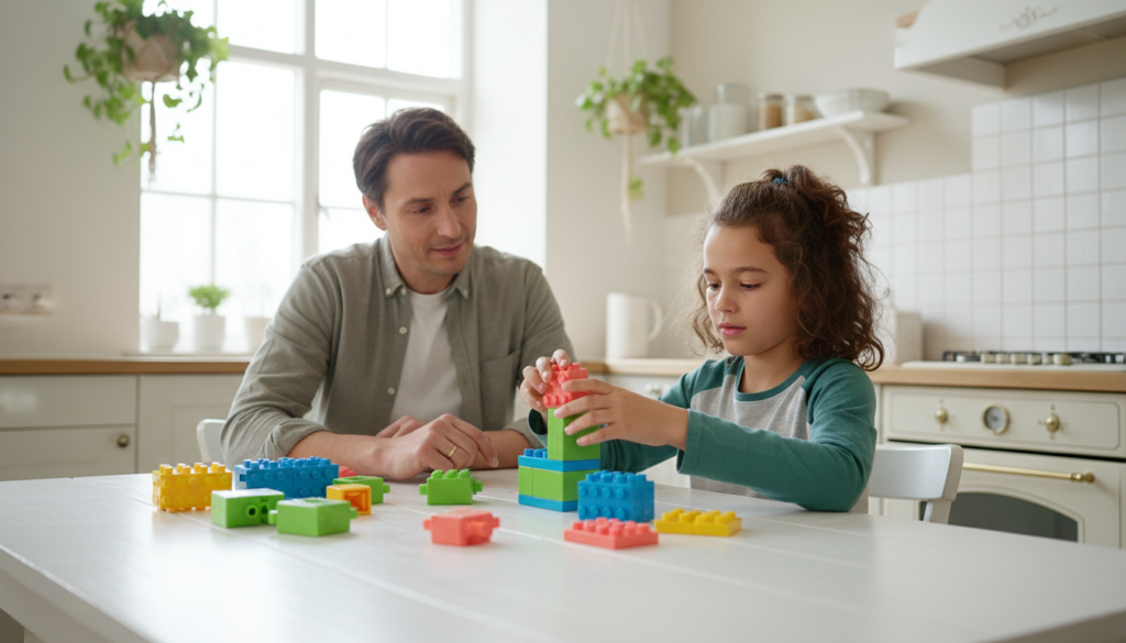 A parent watching their focused twelve-year-old build with colorful blocks at a bright kitchen table
