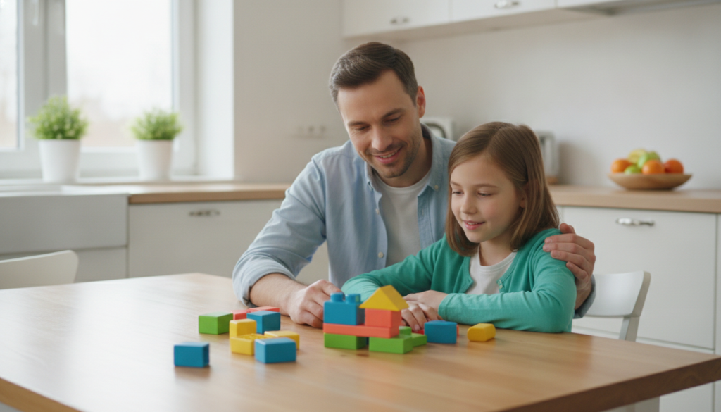 A warm, smiling parent sits close beside a thoughtful 12-year-old child at a sunny kitchen table with bright blue, green and yellow blocks