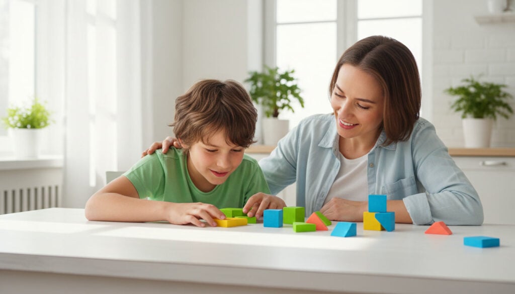 A parent and their 12-year-old child sitting together at a bright kitchen table, the child concentrating with a thoughtful almost-there expression and the parent smiling with support.