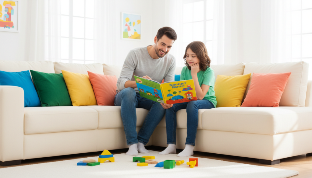 A parent and their calm 12-year-old child sitting together on a couch with a colorful storybook in a bright airy living room