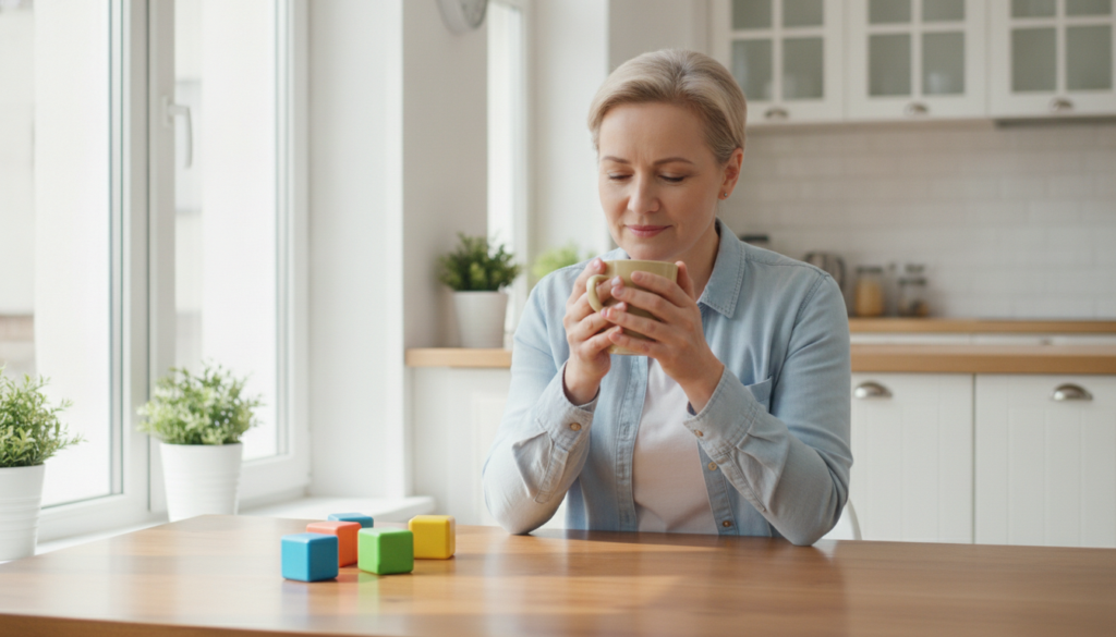 A calm, hopeful parent taking a quiet steadying breath by a bright kitchen window in the morning.
