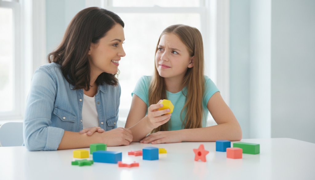 A mother sitting close and listening as her bright 12-year-old daughter thinks through a problem at a sunny kitchen table