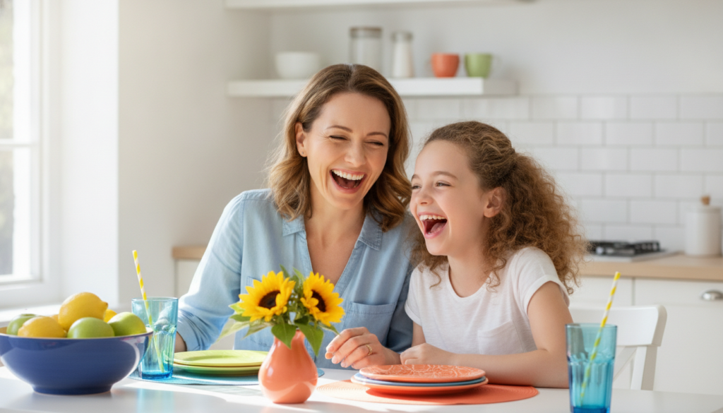 A mother and her daughter laughing together at a bright kitchen table