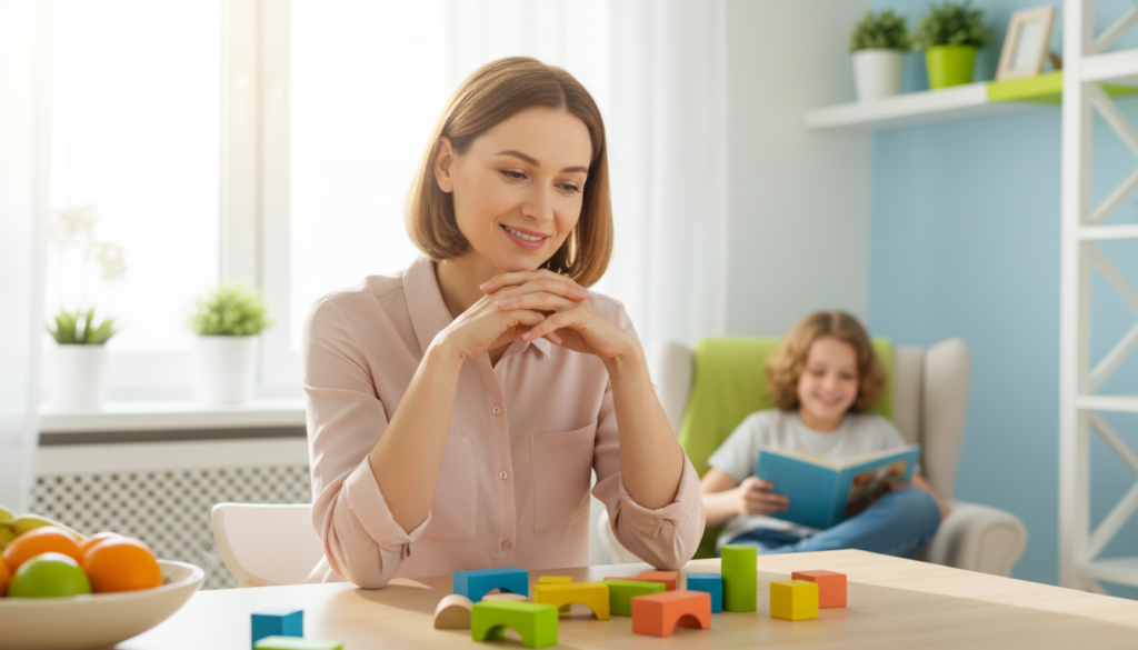 A hopeful parent sitting at a bright kitchen table while her school-age child reads nearby