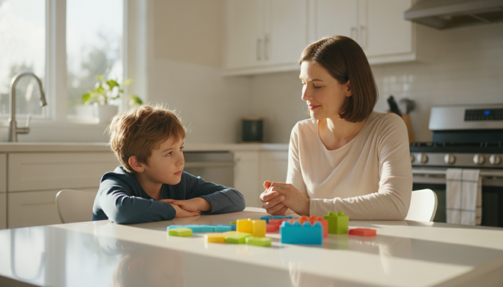 A calm mother sitting beside her tired 12-year-old at a bright kitchen table in the evening, reassuring him