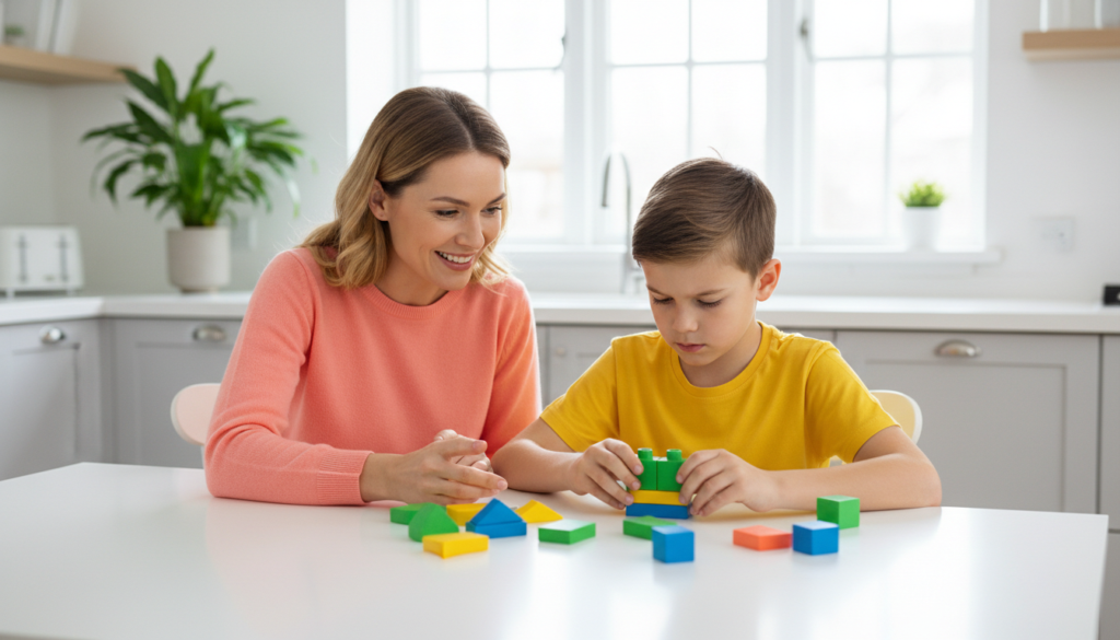 A smiling mother sits beside her focused young son as he builds with colorful blocks at a bright kitchen table