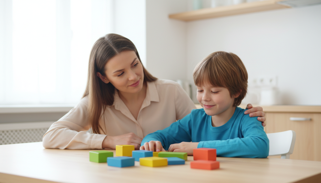 A parent sitting close to their 12-year-old child at a bright kitchen table, looking at them with thoughtful, caring attention