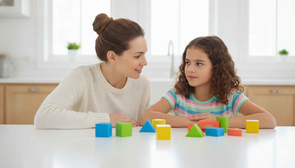 A mother leaning in warmly beside her twelve-year-old daughter at a bright kitchen table while the daughter looks away, guarded