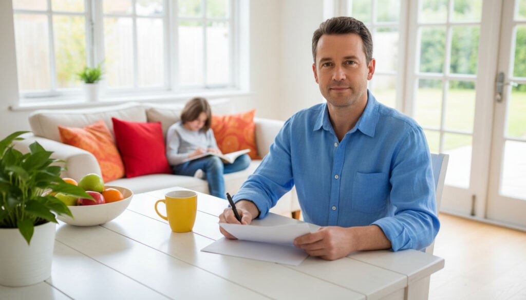 Parent at a sunlit kitchen table with a school envelope and pen, calm and ready to follow up, while a child reads nearby
