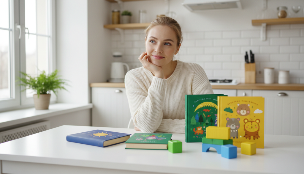 A hopeful mother sitting at a bright kitchen table with colorful storybooks and learning blocks, reflecting with a calm, reassured expression