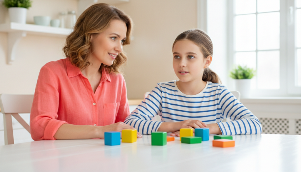 A hopeful mother sitting close to her thoughtful 12-year-old daughter at a bright kitchen table