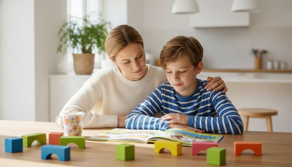 A mother sitting close beside her son at a kitchen table, reading an open book together in a bright room.