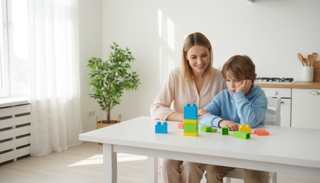 A mother sitting patiently beside her thoughtful 12-year-old at a bright kitchen table