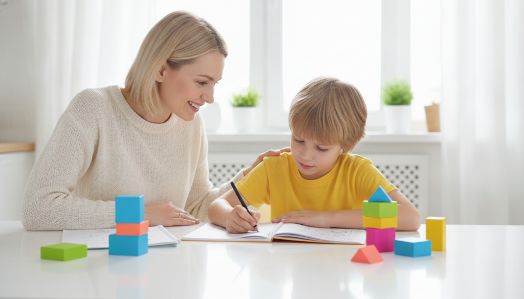 A supportive parent leaning in beside a focused 12-year-old at a bright kitchen table