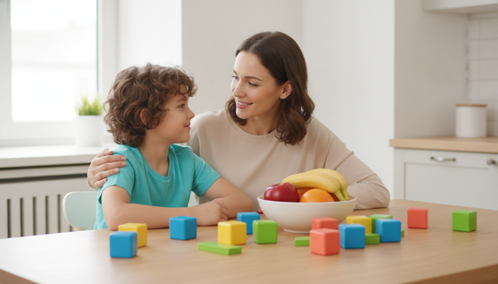 A mother sitting close to her twelve-year-old child at a bright kitchen table with colorful counting blocks, sharing a warm and hopeful moment