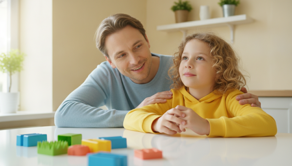 A parent listening warmly to their child at a bright kitchen table