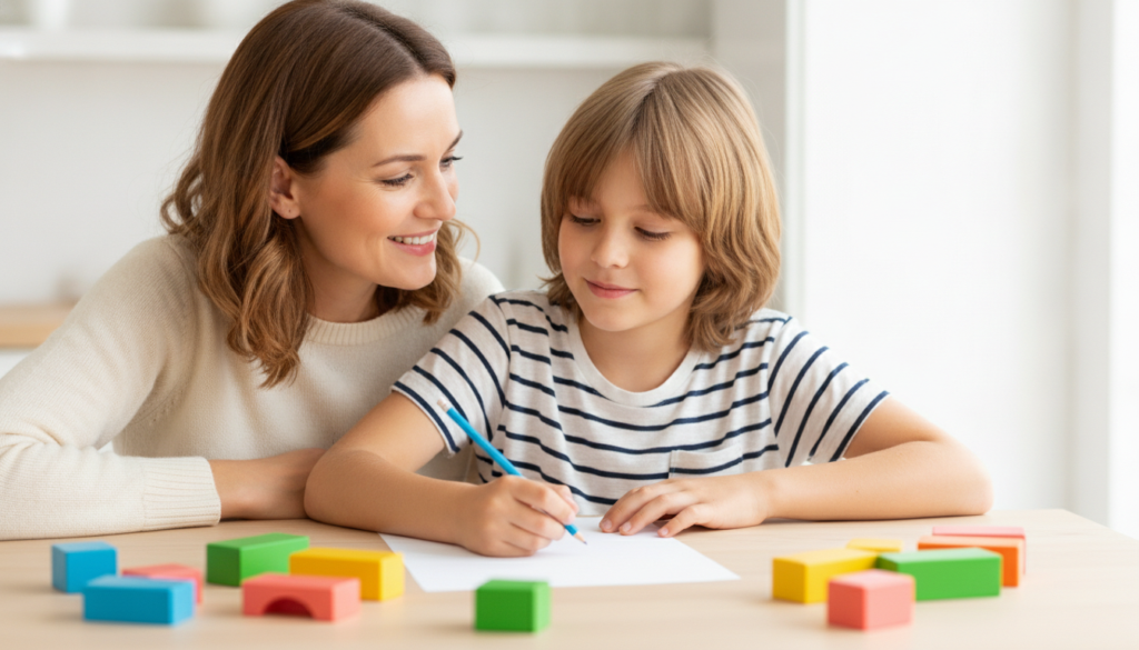 A mother sits beside her 12-year-old at a bright kitchen table, encouraging them as they pause with a pencil over a blank sheet of paper.