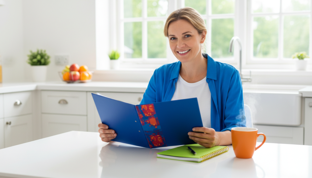 Parent at a sunlit kitchen table with a school folder and pen, getting ready for an IEP meeting