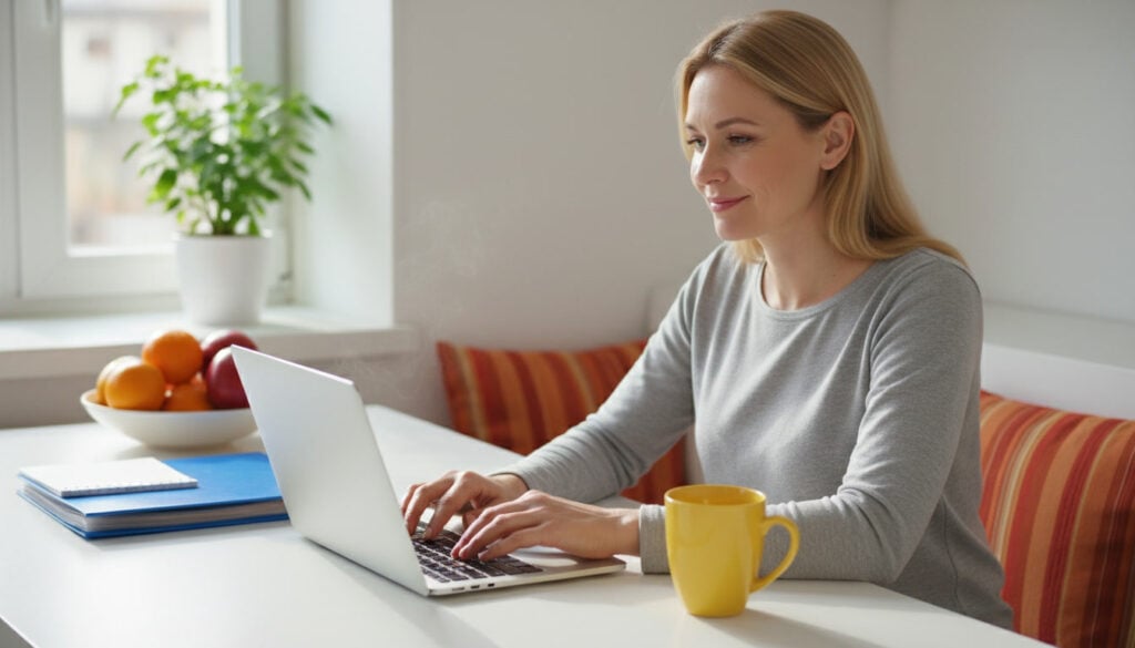 Parent at a sunlit kitchen table typing on a laptop beside a school folder, sending a request to the school
