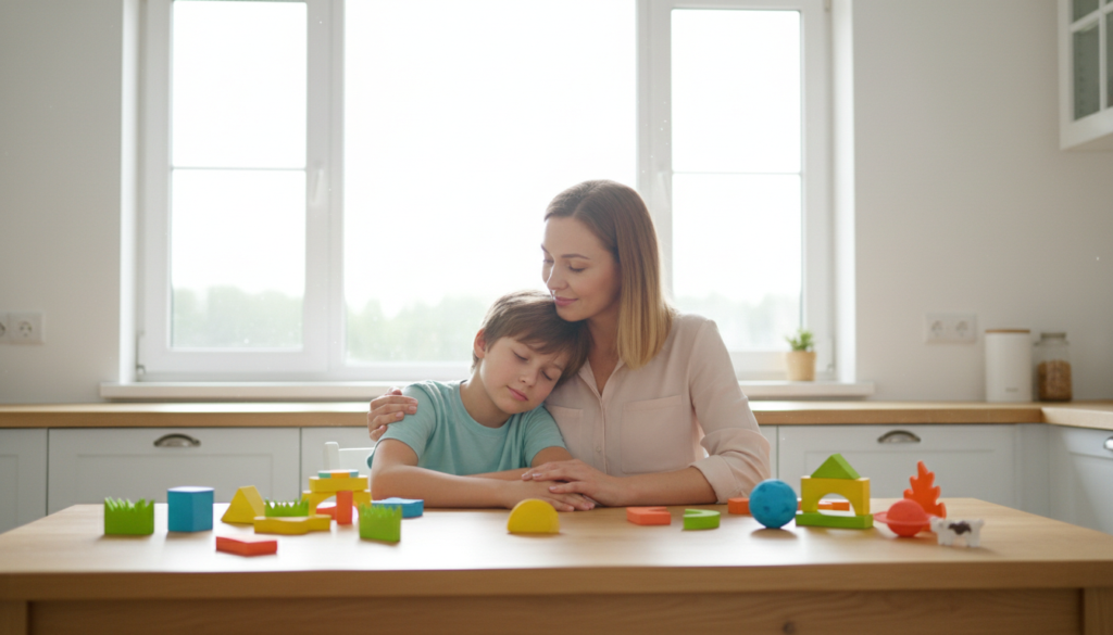 A mother sitting close beside her tired 12-year-old at a bright kitchen table in the morning, listening with gentle concern.