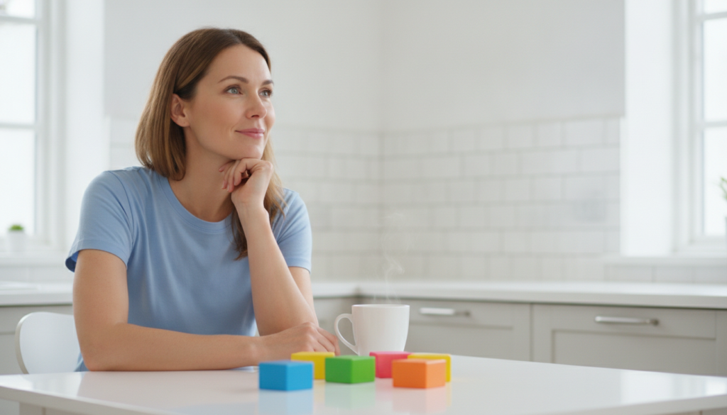 A mother sitting at a bright kitchen table looking thoughtful and hopeful