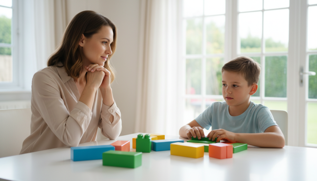 A mother sitting at a bright kitchen table looking thoughtfully toward her 12-year-old at the end of the day