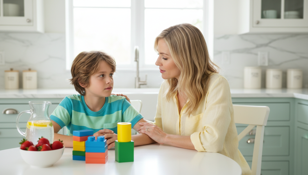 A parent sits close to their 12-year-old at a bright kitchen table, listening with a patient, caring expression.