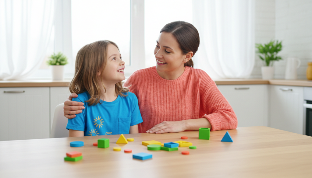 A warm mother and her smiling child sitting together at a bright kitchen table