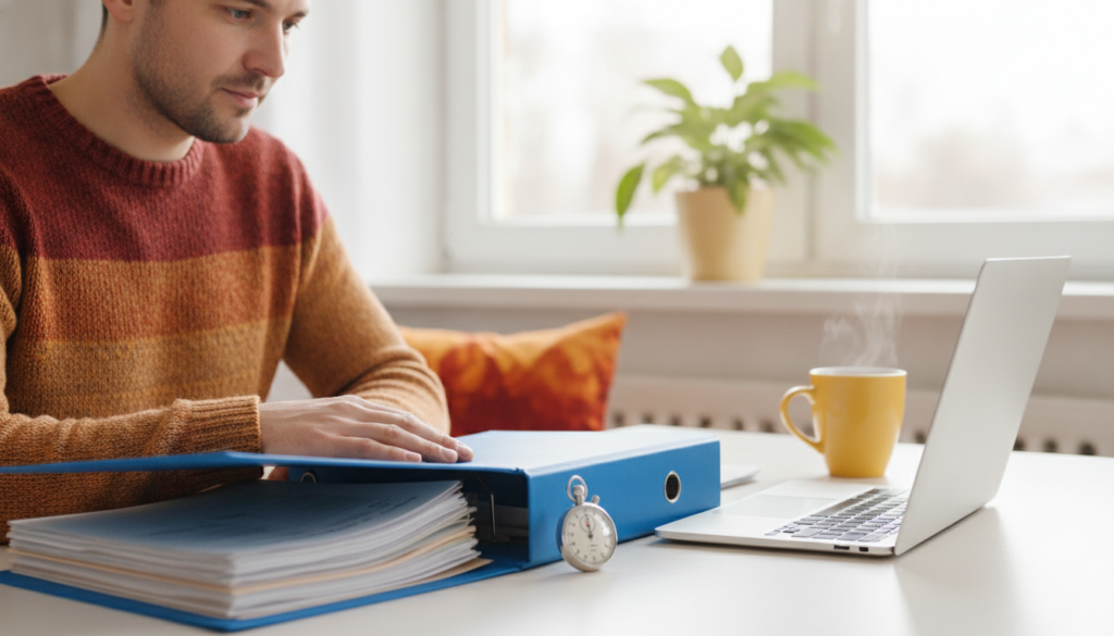 Parent at a sunny kitchen table organizing a folder of documents beside a laptop and a stopwatch