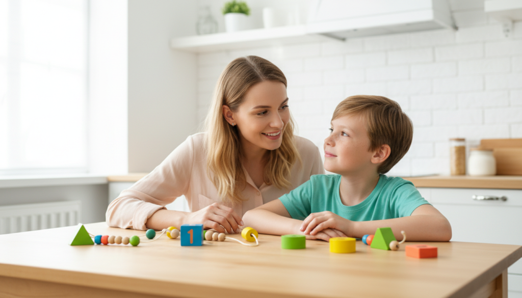 A parent smiling encouragingly beside their son at a bright kitchen table scattered with colorful learning blocks and counting beads.