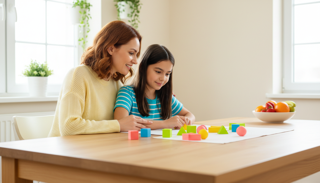 A mother sitting beside her daughter at a kitchen table, working through math together with colorful learning blocks