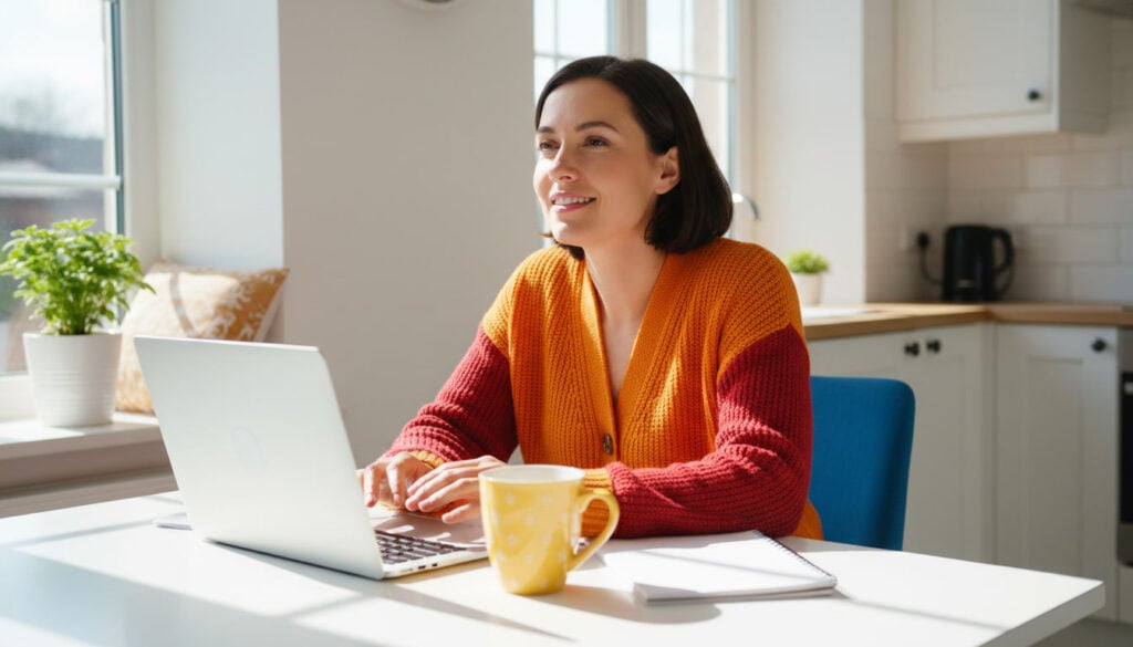 Parent at a sunny kitchen table with a laptop, smiling with quiet determination